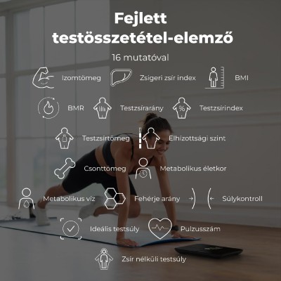 AENO ABS0002S BS2S testmérleg, 180 kg-ig terhelhető, SMART funkciók, profilok, BMI index elemzés, színes kijelző