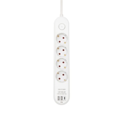 HOME NV4KUSBC hálózati elosztó, 1,5 m, H05VV-F 3G1,5 mm2 kábel, 4 védőérintkezős aljzat, USB töltőaljzat, max. 3680W, kétpólusú kapcsoló, beltéri kivitel