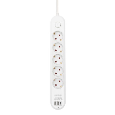 HOME NV5K3USBC hálózati elosztó, 3 m, H05VV-F 3G1,5 mm2 kábel, 5 védőérintkezős aljzat, USB töltőaljzat, max. 3680W, kétpólusú kapcsoló, beltéri kivitel