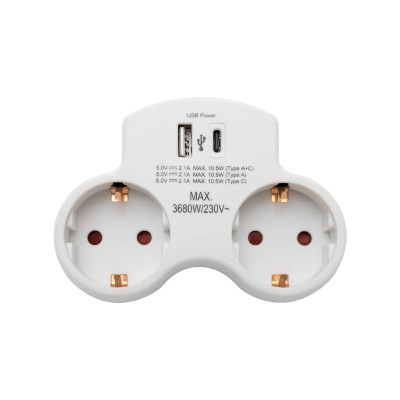 HOME TPF2USBC USBC hálózati töltő, 2.1A, max. 3680 W, 2 db földelt hálózati aljzat gyermekvédő zsaluval